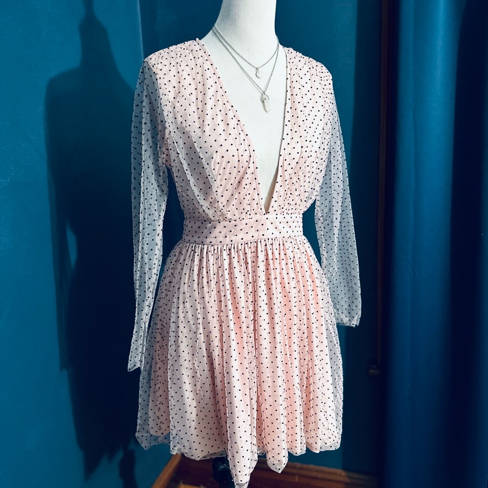 Pink Polkadot Plunge V Front Long Sleeve Mini Dress